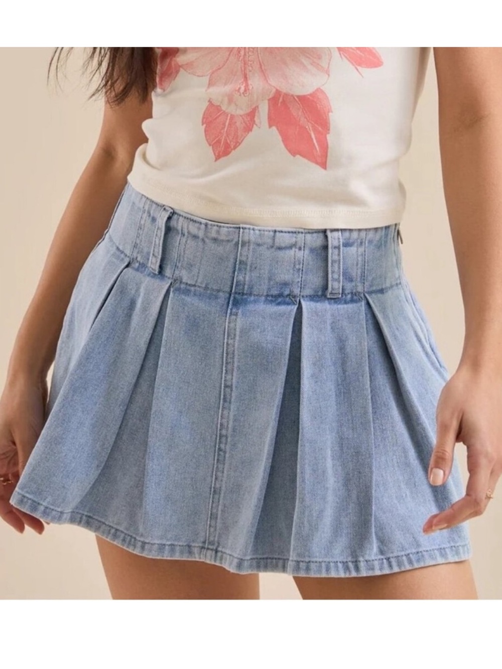 Altar’d State Light Blue Pleated Denim Mini Skirt